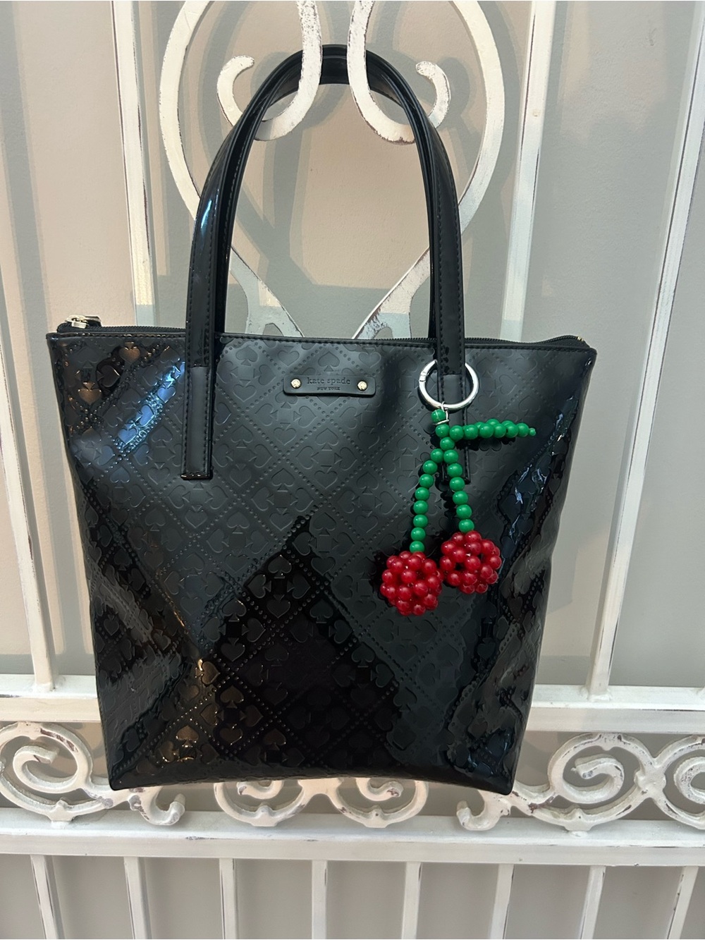 Kate Spade New York Emerald Jeralyn Black Embossed Patent Tote Bag Cherry Charm